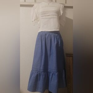 Vintage  Career Guild  14 Blue High Waist Knee Length Ruffled Midi Skirt